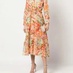 Marchesa Notte Abstract Floral Printed Chiffon Maxi Dress