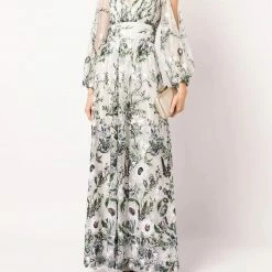 Marchesa Notte Embroidered Tulle V-neck Gown