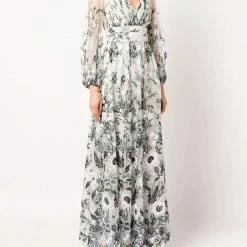 Marchesa Notte Embroidered Tulle V-neck Gown