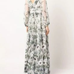 Marchesa Notte Embroidered Tulle V-neck Gown