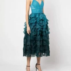 Marchesa Notte Tiered Ruffle Midi Dress