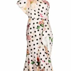 Marchesa Notte One Shoulder Floral Polka Dot Cocktail Dress