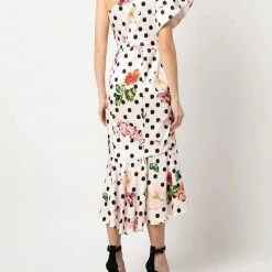 Marchesa Notte One Shoulder Floral Polka Dot Cocktail Dress