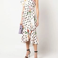 Marchesa Notte One Shoulder Floral Polka Dot Cocktail Dress