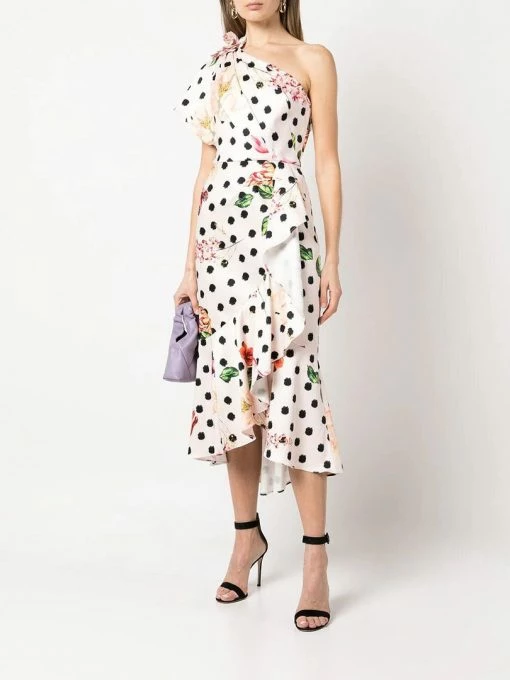 Marchesa Notte One Shoulder Floral Polka Dot Cocktail Dress