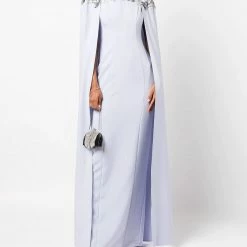 Marchesa Notte Tulle Illusion Cape Effect Crepe Gown With Embroidered New Arrivals