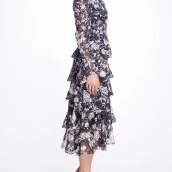 Marchesa Notte Long-Sleeved Tiered Ruffle Chiffon Maxi Dress