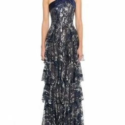 Marchesa Notte One Shoulder Embroidered Tiered Gown
