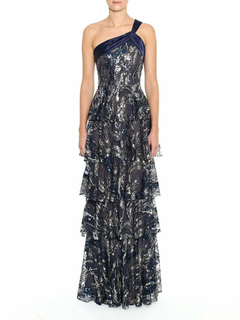 Marchesa Notte One Shoulder Embroidered Tiered Gown