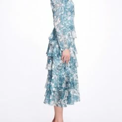 Marchesa Notte Long-Sleeved Tiered Ruffle Chiffon Maxi Dress