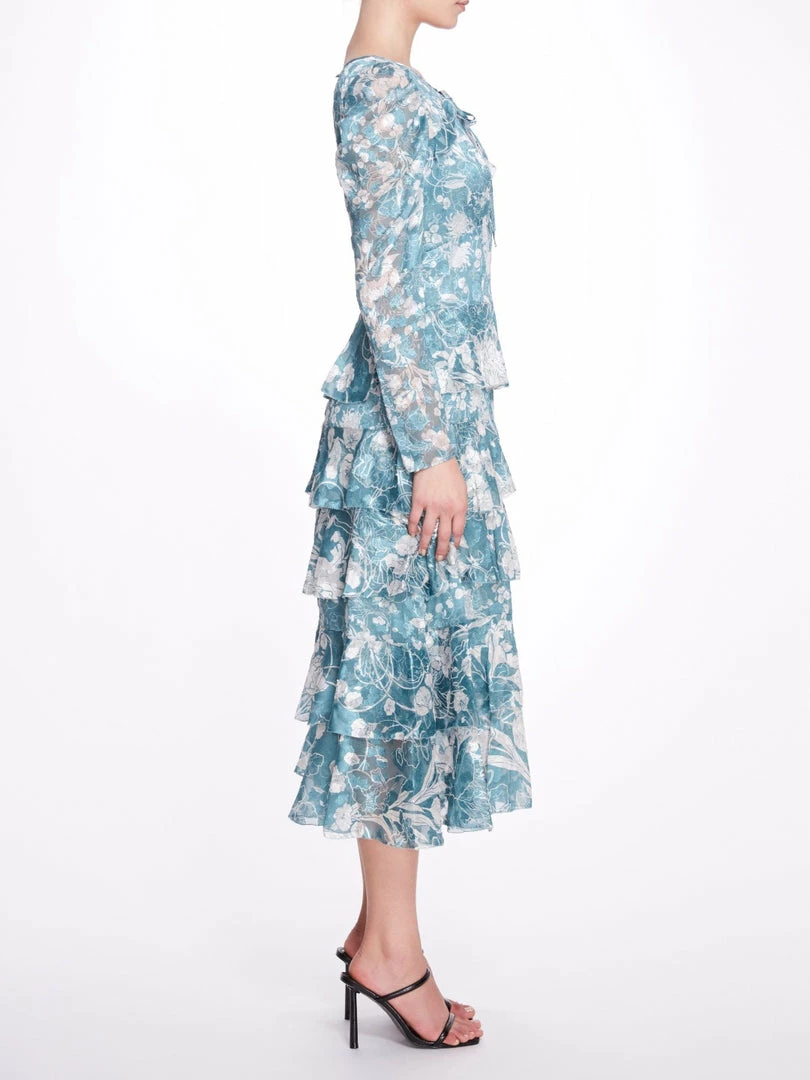 Marchesa Notte Long-Sleeved Tiered Ruffle Chiffon Maxi Dress