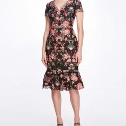 Marchesa Notte Embroidered Guipure V-neck Cocktail