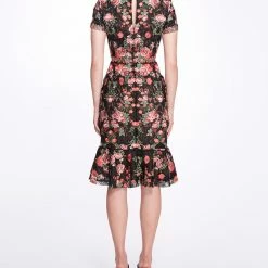 Marchesa Notte Embroidered Guipure V-neck Cocktail