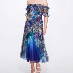 Marchesa Notte Chiffon Pleated Tea-Length Gown New Arrivals