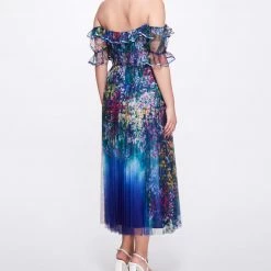 Marchesa Notte Chiffon Pleated Tea-Length Gown New Arrivals