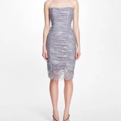Marchesa Notte Strapless Floral Glitter Tulle Ruched Cocktail Dress New Arrivals