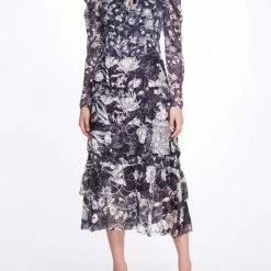 Marchesa Notte Long-Sleeved Tiered Ruffle Chiffon Maxi Dress