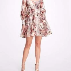 Marchesa Notte Floral Printed Scoop Neck Dress