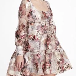 Marchesa Notte Floral Printed Scoop Neck Dress