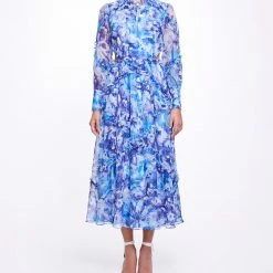 Marchesa Notte Abstract Floral Printed Chiffon Maxi Dress