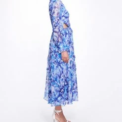 Marchesa Notte Abstract Floral Printed Chiffon Maxi Dress