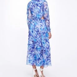 Marchesa Notte Abstract Floral Printed Chiffon Maxi Dress