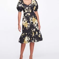 Marchesa Notte New Arrivals Sweetheart Neckline Floral Print Fitted Midi Dress