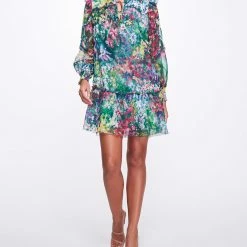 Marchesa Notte Long Sleeve Printed Chiffon Mini Dress New Arrivals