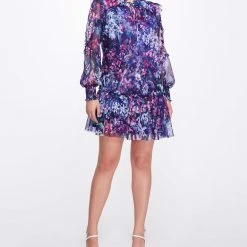 Marchesa Notte Long Sleeve Printed Chiffon Mini Dress
