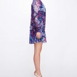 Marchesa Notte Long Sleeve Printed Chiffon Mini Dress