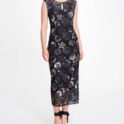Marchesa Notte Dutch Floral Printed Guipure Lace Tea-Length Gown