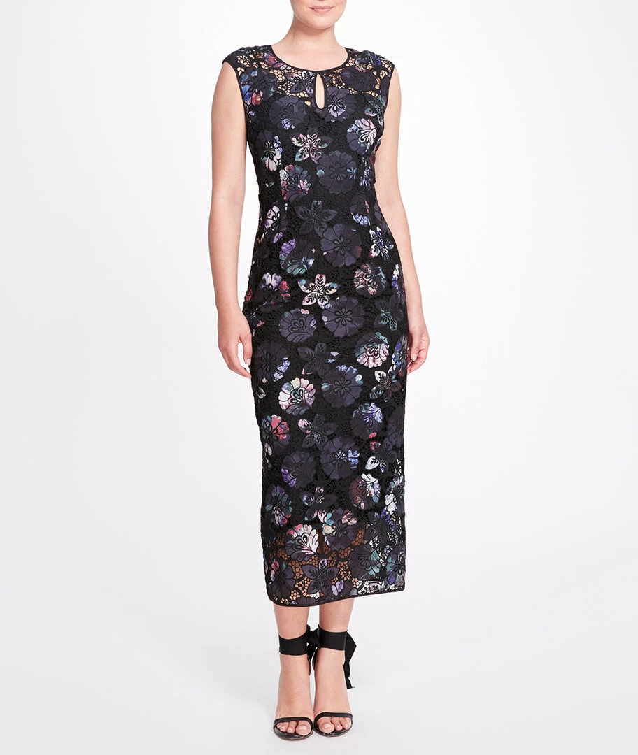 Marchesa Notte Dutch Floral Printed Guipure Lace Tea-Length Gown