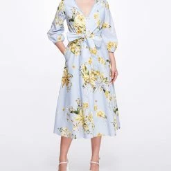 Marchesa Notte A-line Midi Dress With Balloon Sleeves