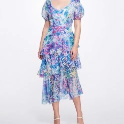 Marchesa Notte New Arrivals Sweetheart Neckline Cattleya Printed Chiffon Tiered Dress