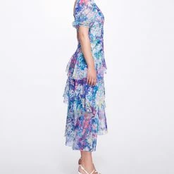 Marchesa Notte New Arrivals Sweetheart Neckline Cattleya Printed Chiffon Tiered Dress
