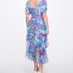 Marchesa Notte New Arrivals Sweetheart Neckline Cattleya Printed Chiffon Tiered Dress