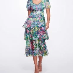 Marchesa Notte Sweetheart Neckline Cattleya Printed Chiffon Tiered Dress New Arrivals