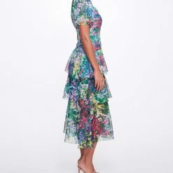 Marchesa Notte Sweetheart Neckline Cattleya Printed Chiffon Tiered Dress New Arrivals