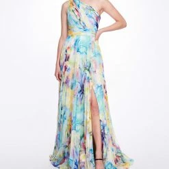 Marchesa Notte Printed Chiffon Pleated Gown
