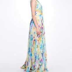 Marchesa Notte Printed Chiffon Pleated Gown