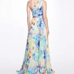 Marchesa Notte Printed Chiffon Pleated Gown
