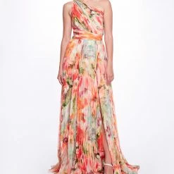 Marchesa Notte Printed Chiffon Pleated Gown The Best Dressed Guest