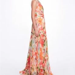 Marchesa Notte Printed Chiffon Pleated Gown The Best Dressed Guest