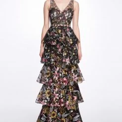 Marchesa Notte Embroidered Tulle V-neck Gown