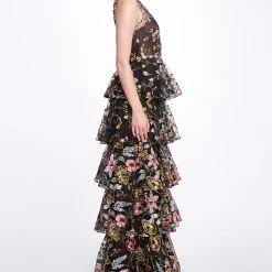 Marchesa Notte Embroidered Tulle V-neck Gown