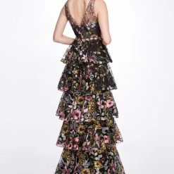 Marchesa Notte Embroidered Tulle V-neck Gown
