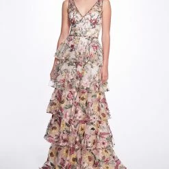 Marchesa Notte Embroidered Tulle V-neck Gown