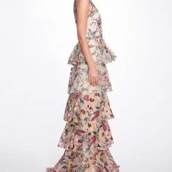 Marchesa Notte Embroidered Tulle V-neck Gown