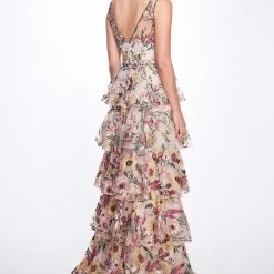 Marchesa Notte Embroidered Tulle V-neck Gown