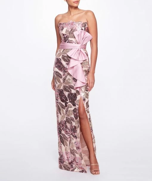 Marchesa Notte Sequined Gown With Front Side Slit New Arrivals